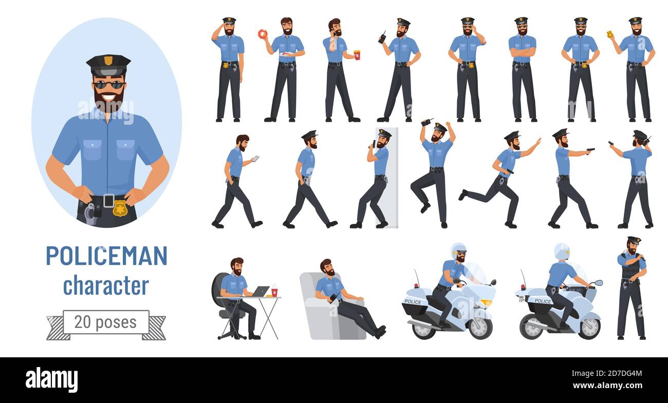 Policeman poses vector illustration set. Cartoon bearded professional police officer character in various action with emotions, cop in uniform posing and running, standing or walking isolated on white Stock Vector