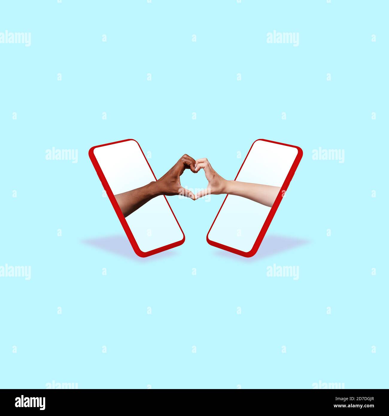 Heart. Hands gesturing through screens of mobile phones against blue background. Concept of social distance during coronavirus epidemic, online meetings, insulation, remote working and communication. Stock Photo