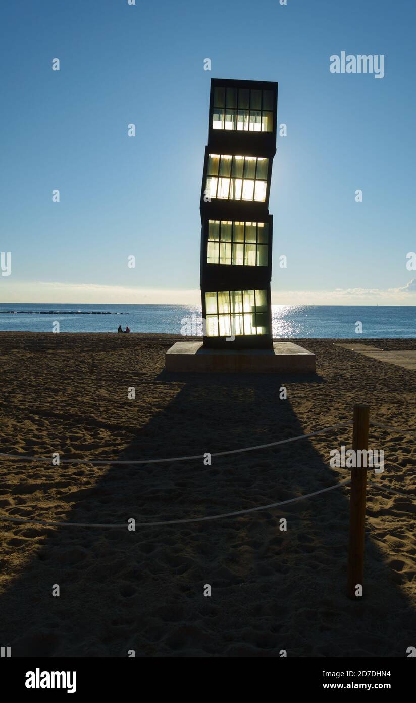 Wounded Star Sculpture (The Cubes) by Rebecca Horn, Barceloneta Beach. Stock Photo