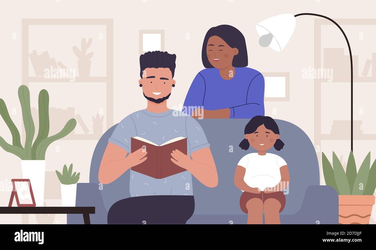 Father reading book for family vector illustration. Cartoon dad, mother and girl child sitting at cozy sofa, storytelling, reading story book or fairy tale, happy childhood and fatherhood background Stock Vector