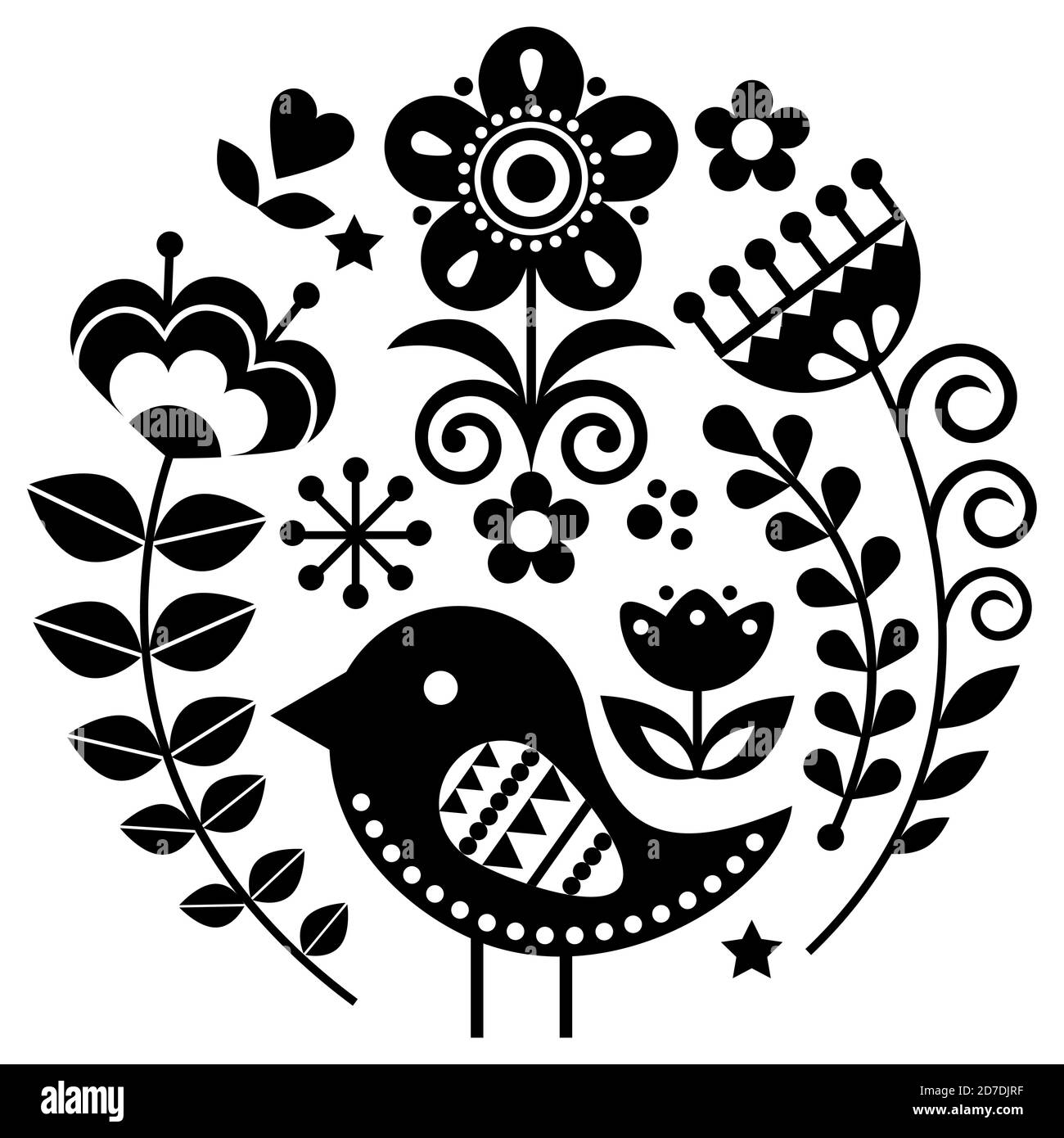 Scandinavian folk art vector pattern with flowers and bird in circle, black floral greeting card or invitation inspired by traditional embroidery from Stock Vector