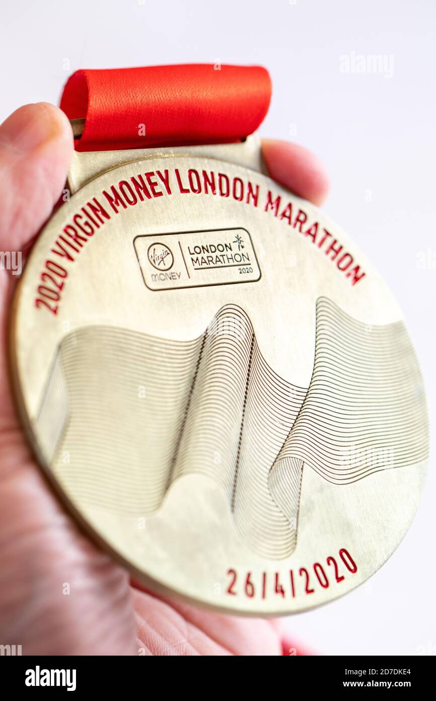 London UK, 22nd October 2020. The Virgin Money London Marathon ‘The 40th Race’ finisher medals are being sent out to approximately 45,000 people with a date disc enclosed to change the date from the 26th April to the 4th October 2020. Due to Covid-19, the Virtual Marathon labeled ‘My Race My Way’ took place around the UK on the 4th October 2020. © Chris Yates/ Alamy Live News. Stock Photo