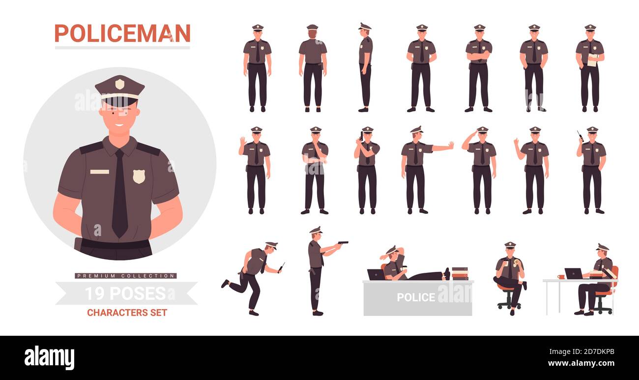 Policeman poses vector illustration set. Cartoon police officer man character working in office or street, cop guard person wearing uniform posing in work or rest postures collection isolated on white Stock Vector