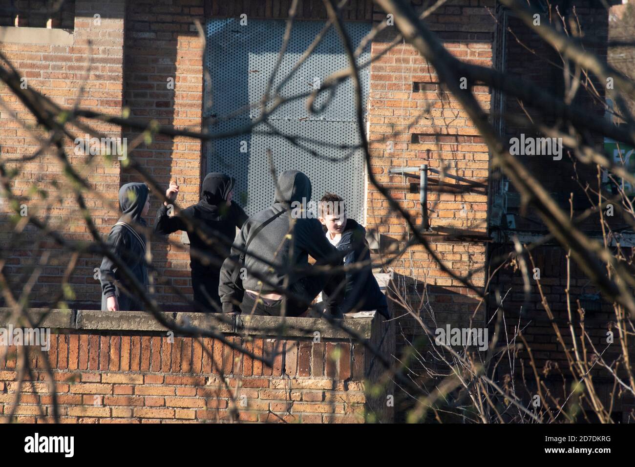 Sheffield, UK - 20 March 2017: A group of teenage boys in hoodies throwing stones from the rooftop terrace of the boarded up Springwood Hotel on Hasti Stock Photo
