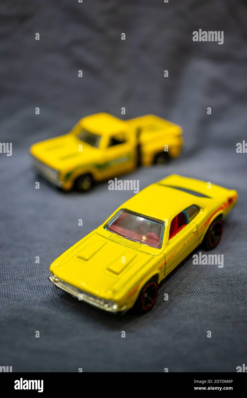POZNAN, POLAND - Oct 20, 2020: Mattel Hot Wheels yellow classic Chrysler Dodge Demon toy model car. Stock Photo