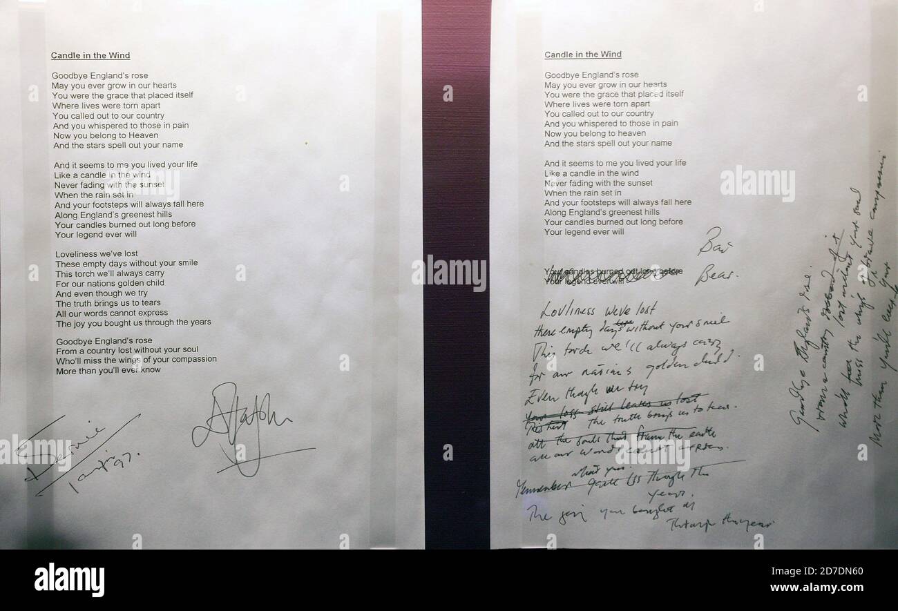 Althorp House: Diana,A Celebration exhibition : lyrics for Candle In The Wind as it was sang by Sir Elton John at the funeral in Westminster Abbey Stock Photo