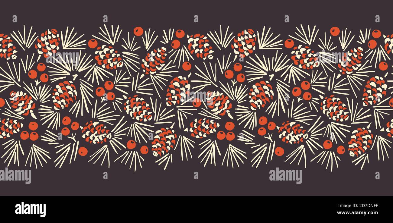Hand Drawn Linocut Abstract Christmas Pine Cone Foliage Horizontal Vector Seamless Pattern Border Stock Vector