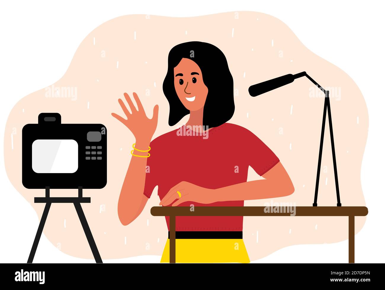 Woman blogger make video tutorial. Female podcaster talking to camera using microphone. Vector illustration in flat style Stock Vector