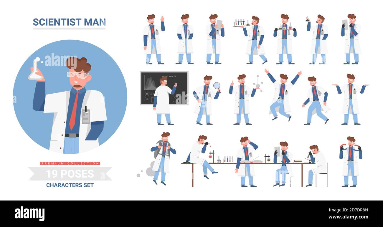 Scientist man poses vector illustration set. Cartoon male character working in scientific research laboratory, holding lab flask tube, model of atom, science work posture collection isolated on white Stock Vector