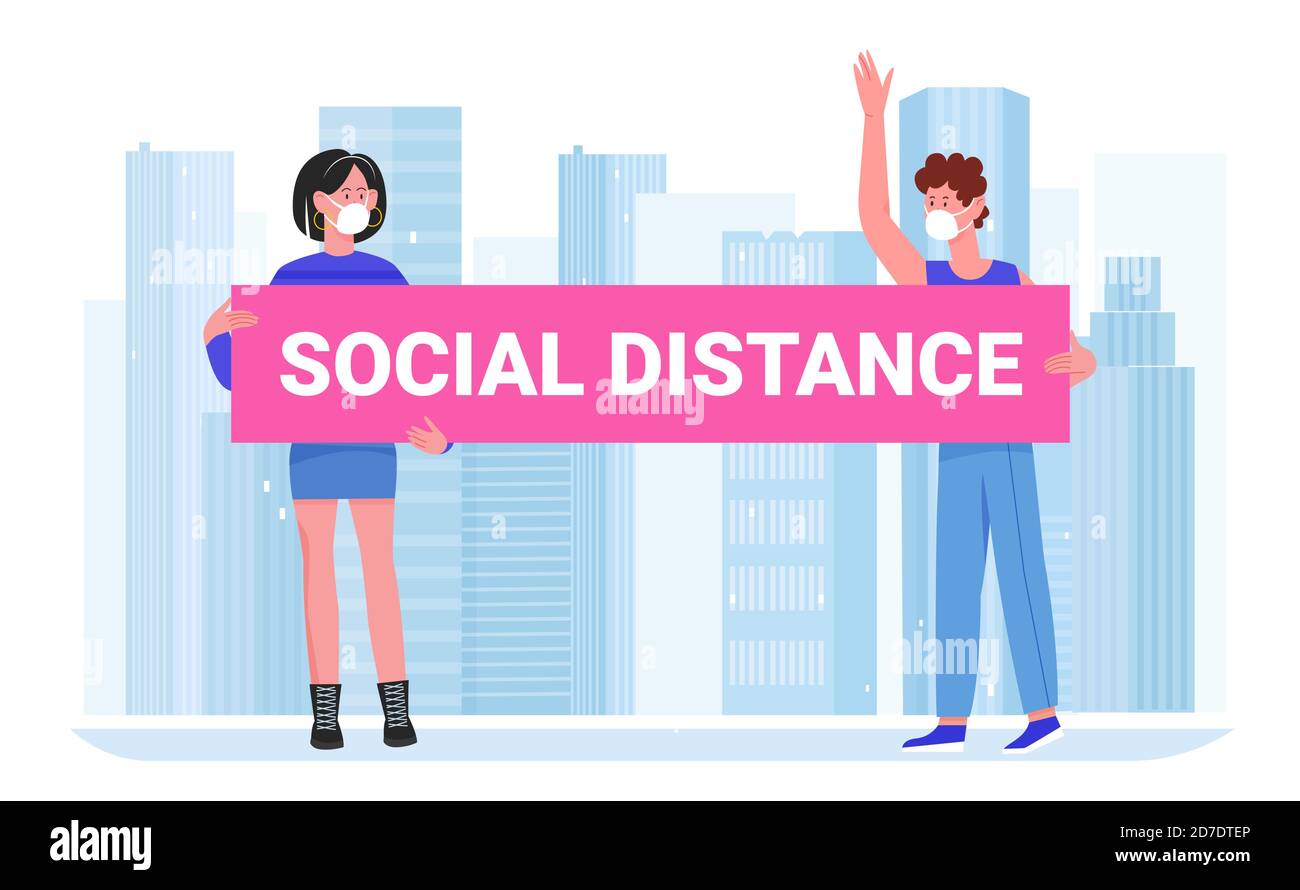 Outdoor social distance infographic banner vector illustration. Cartoon people distancing in city Stock Vector