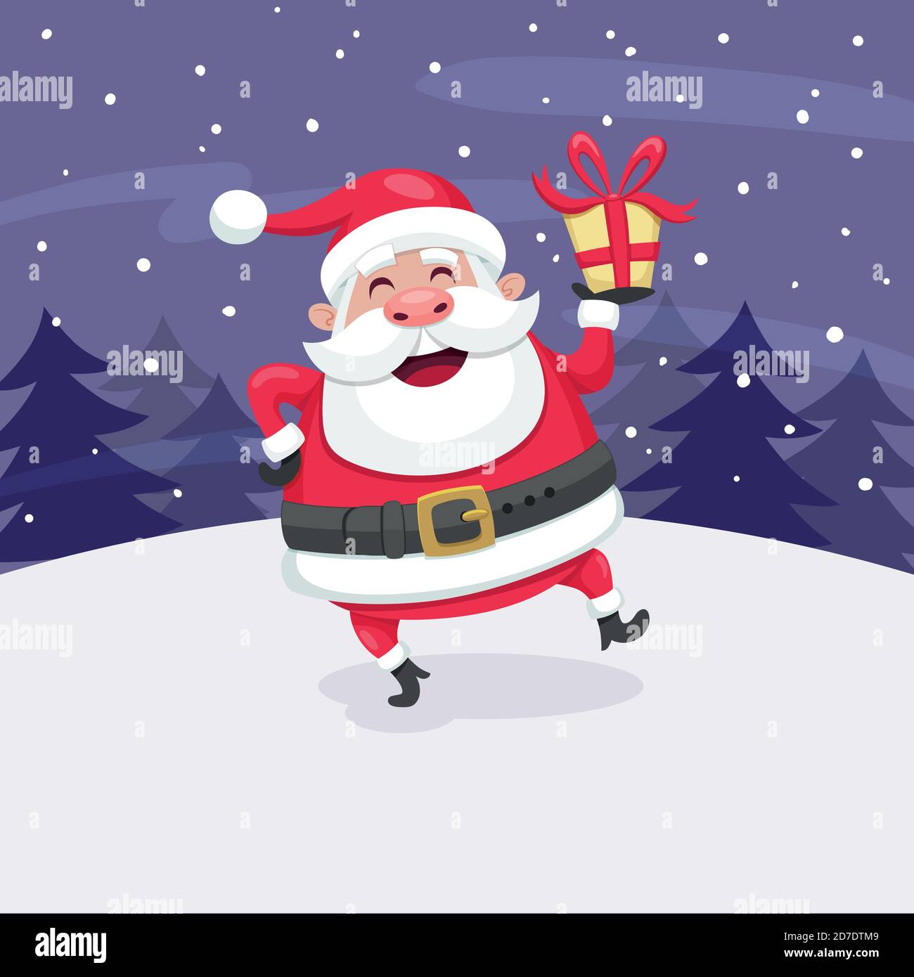 Christmas greeting card. Santa Claus dancing in the snow and holding a present. Vector illustration. Stock Vector