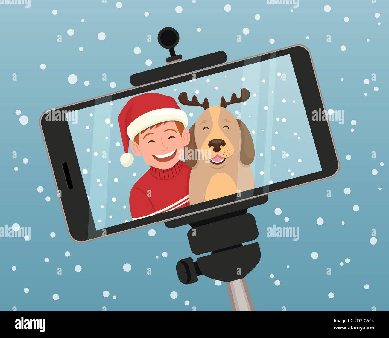 Smartphone christmas portrait of a boy with his dog. The boy is wearing a christmas hat and the dog wears a diadem with reindeer horns. Vector illustr Stock Vector