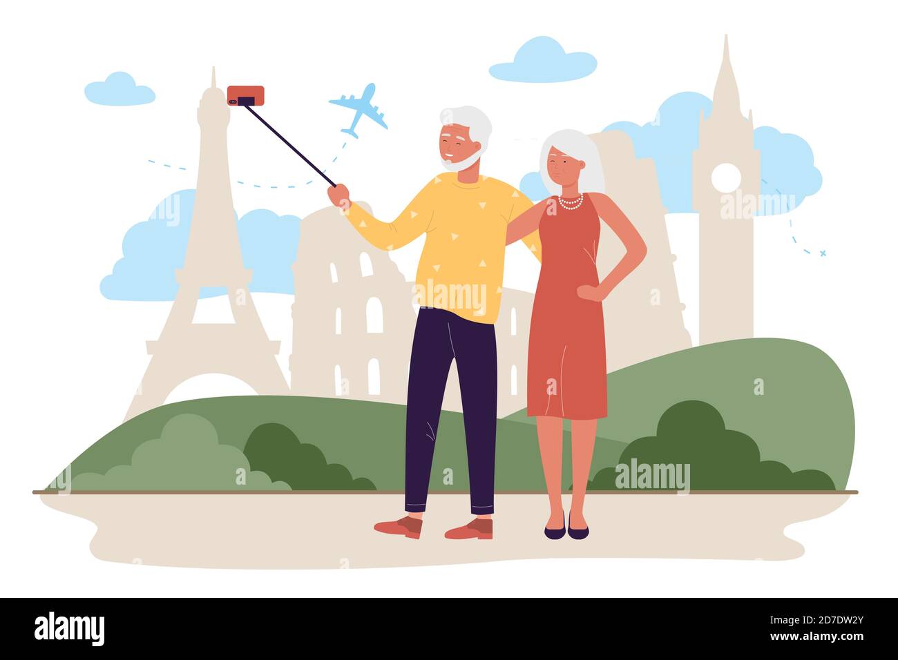 Travel senior couple vector illustration. Cartoon elderly family tourist characters traveling, happy active old travellers grandparents enjoying tour in Europe, tourism activity isolated on white Stock Vector