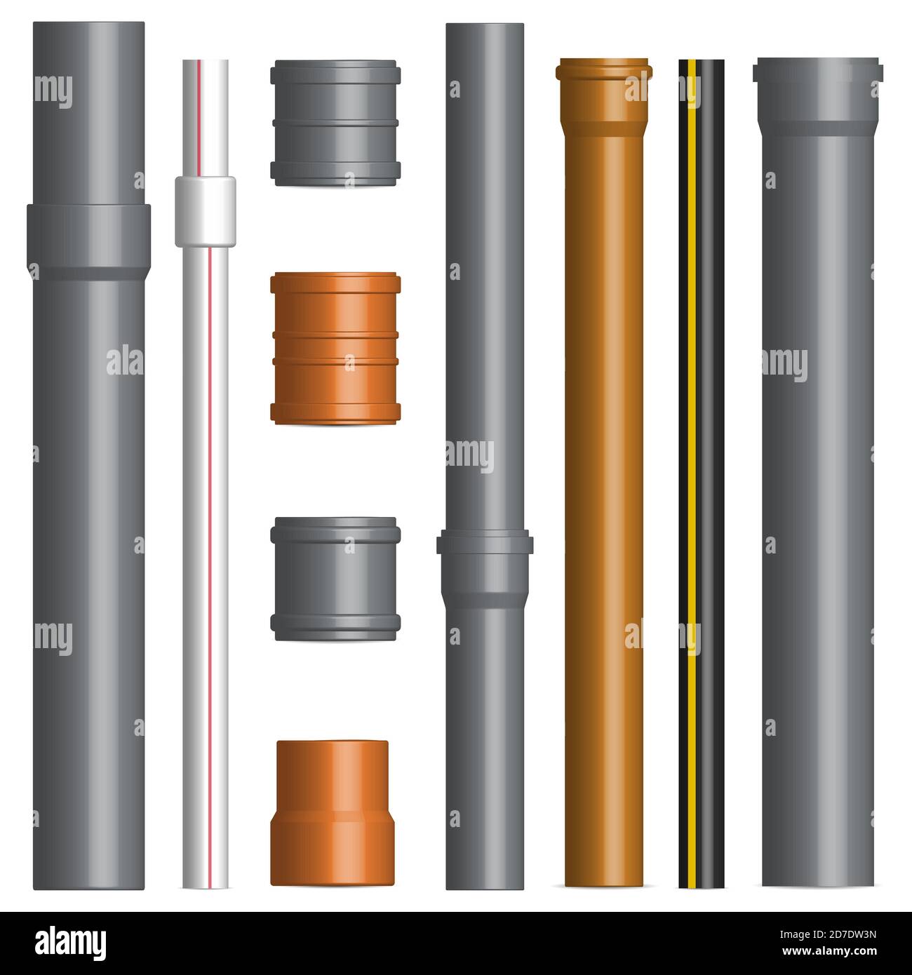 Set of various plastic pipes for sewage, water pipe with connecting