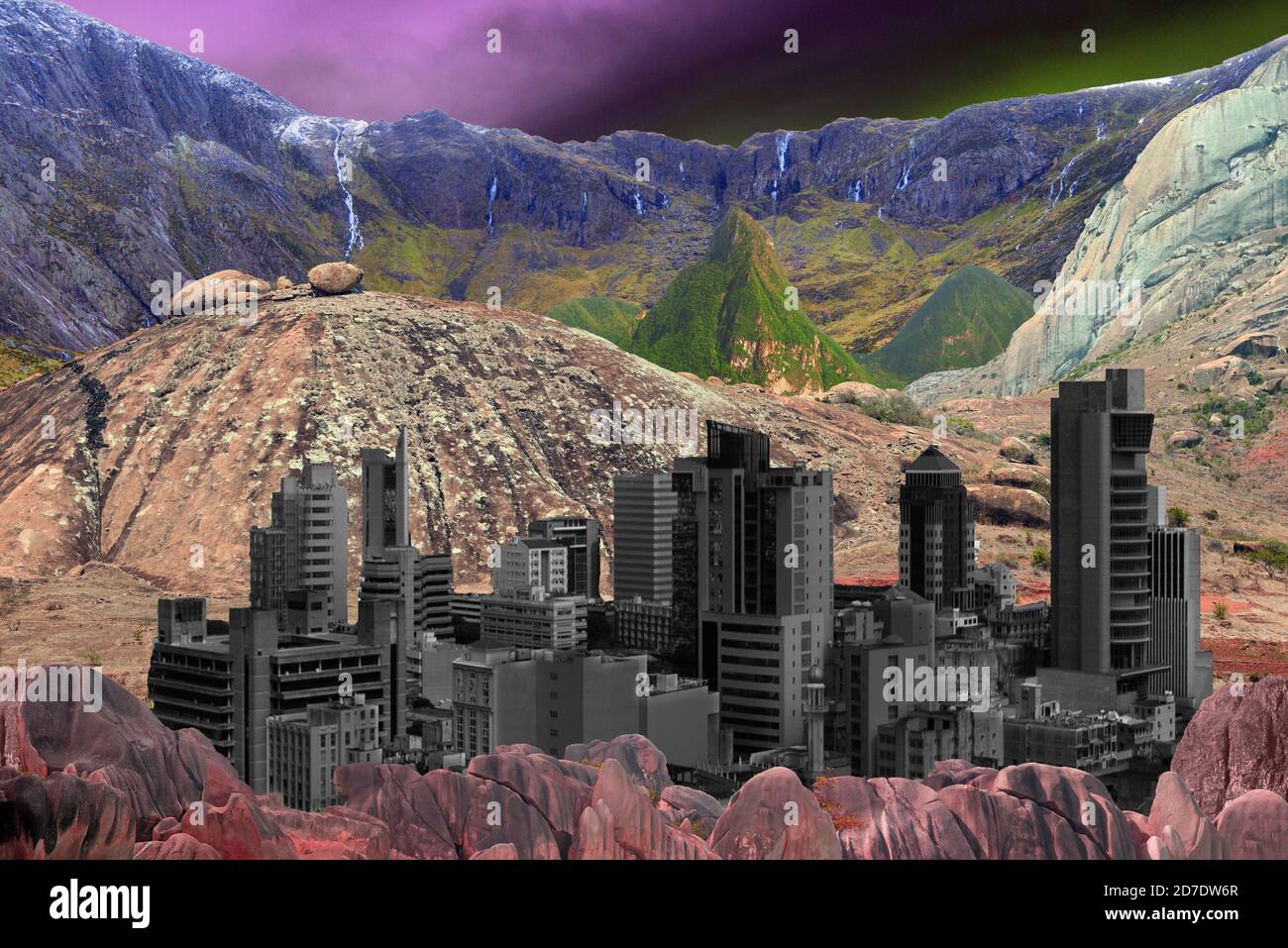 A fantasy image of an alien city on a mysterious world. Stock Photo