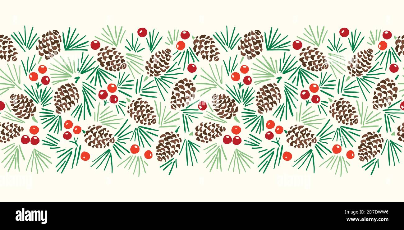Hand Drawn Linocut Abstract Christmas Pine Cone Foliage Horizontal Vector Seamless Pattern Border Stock Vector
