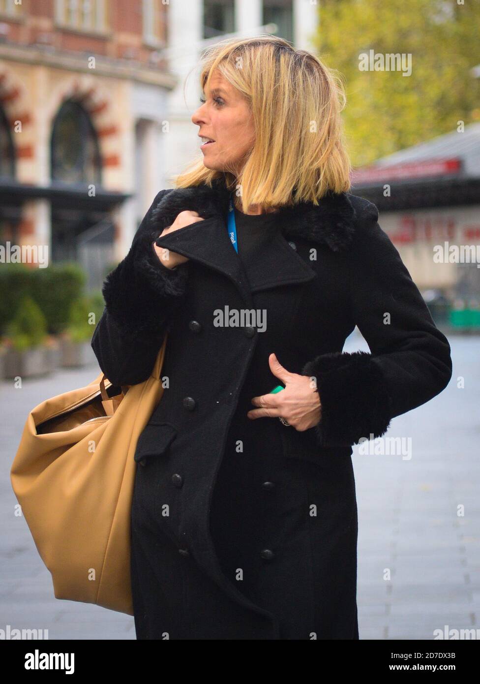Kate Garraway pictured wearing red tartan trousers in Leicester Square, London on October 22nd 2020. Stock Photo