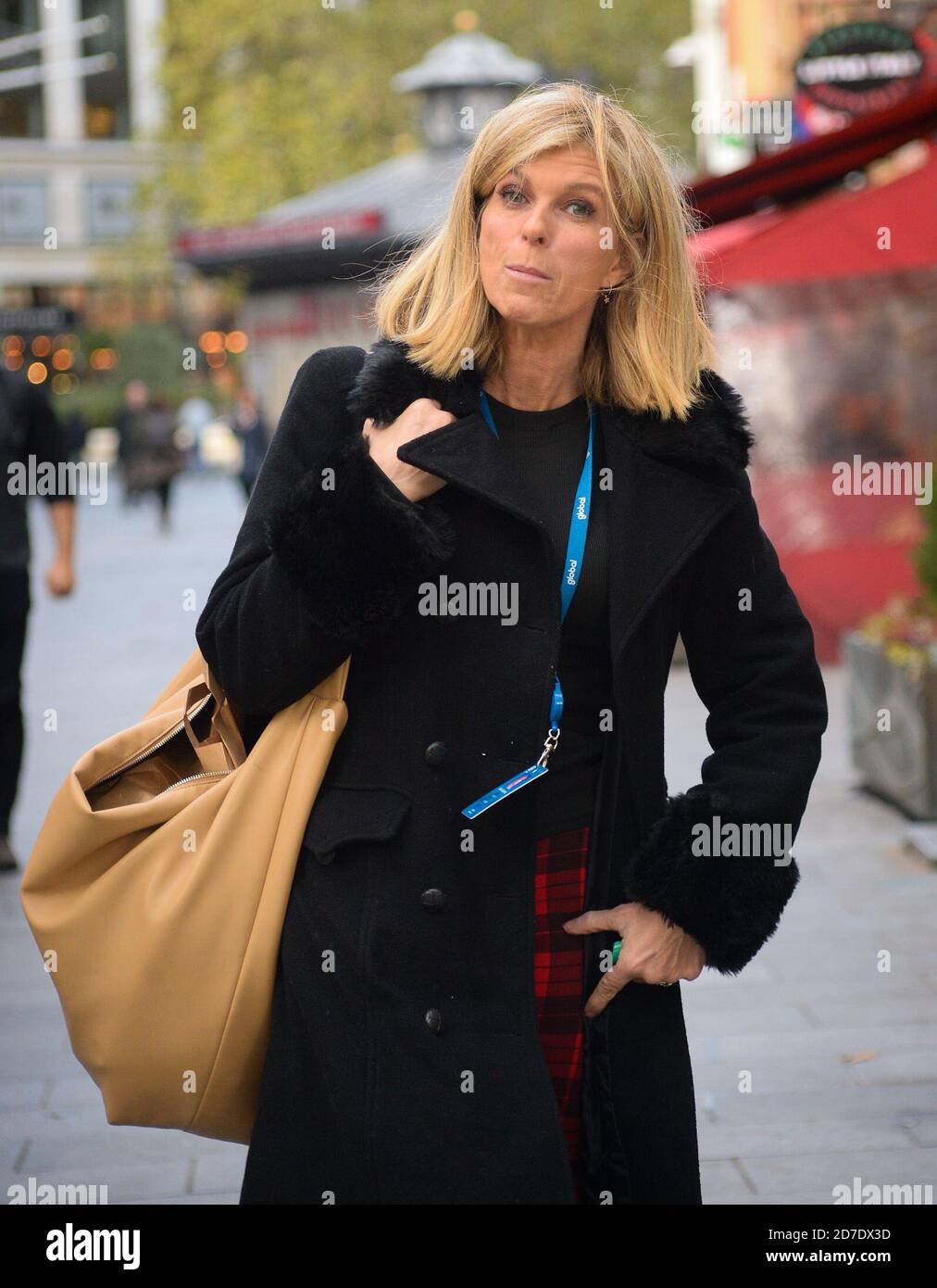 Kate Garraway pictured wearing red tartan trousers in Leicester Square, London on October 22nd 2020. Stock Photo