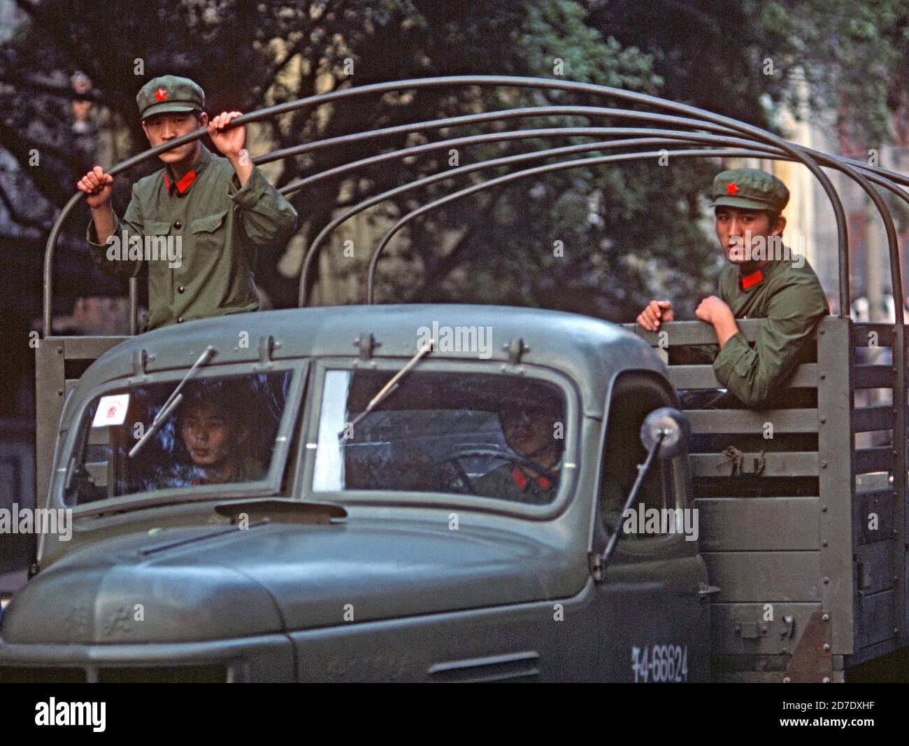 People's Liberation Army soldiers in truck, Nanking, China 1980s Stock Photo