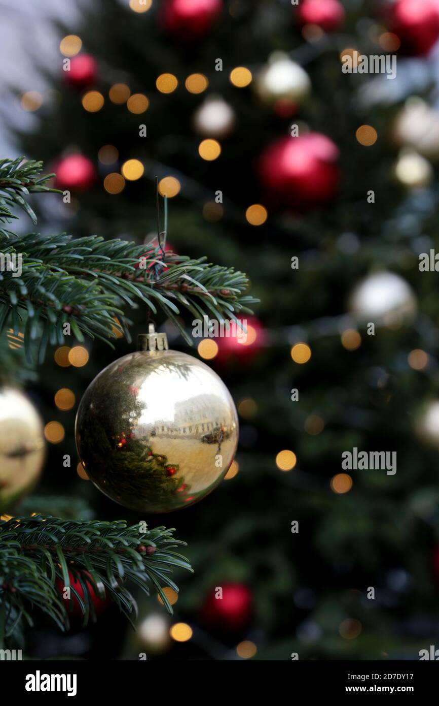 Golden and red Christmas balls hanging on a fir branches on festive lights background, vertical shot for mobile format. New Year tree with decorations Stock Photo