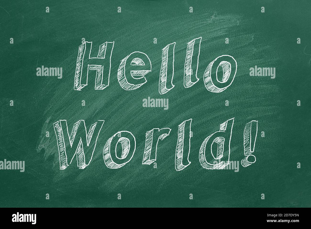 Hand drawing text 'Hello World !' on green chalkboard Stock Photo
