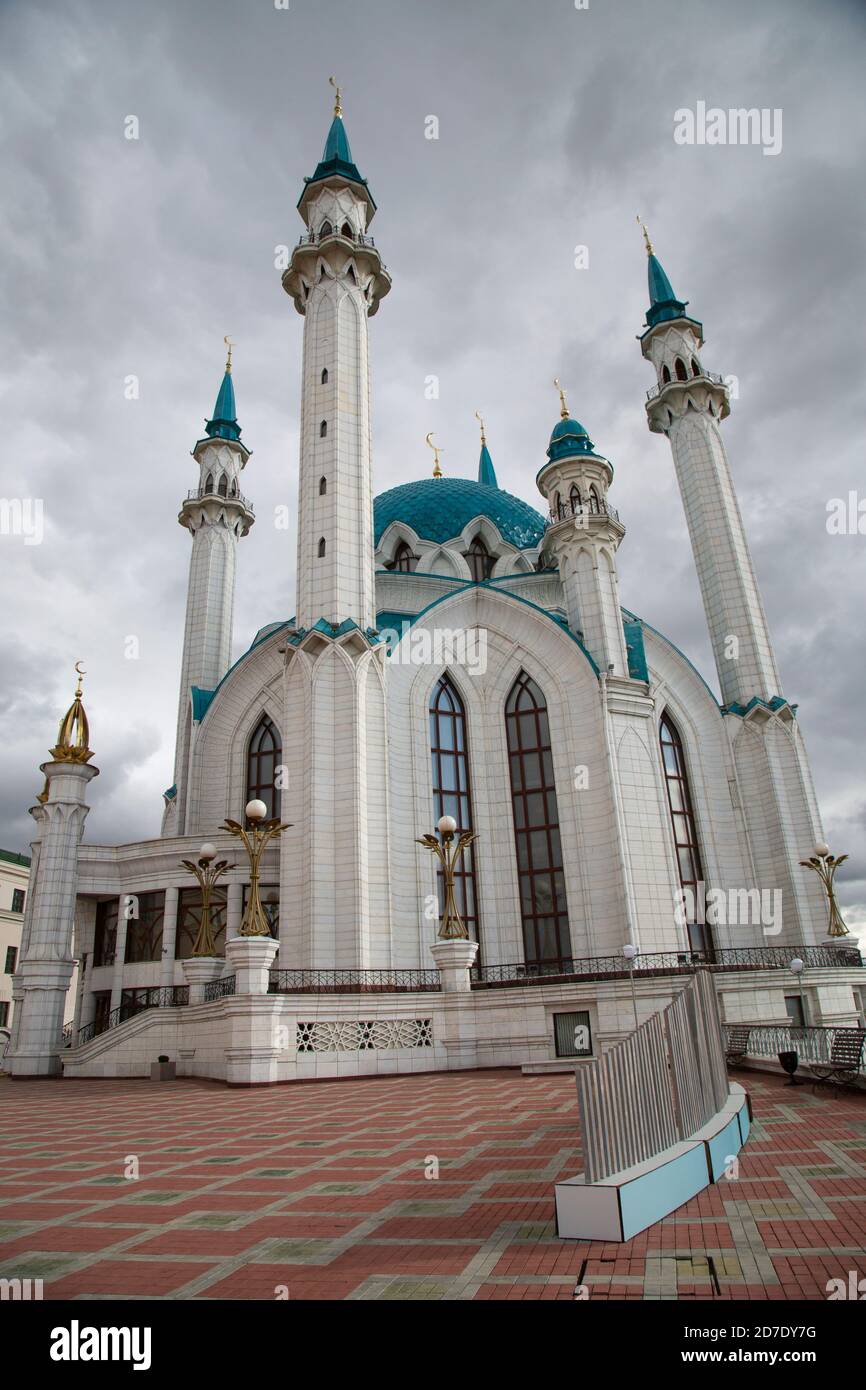 Beautiful white mosque with a blue roof against the sky with clouds. Mosque a in Kazan Stock Photo