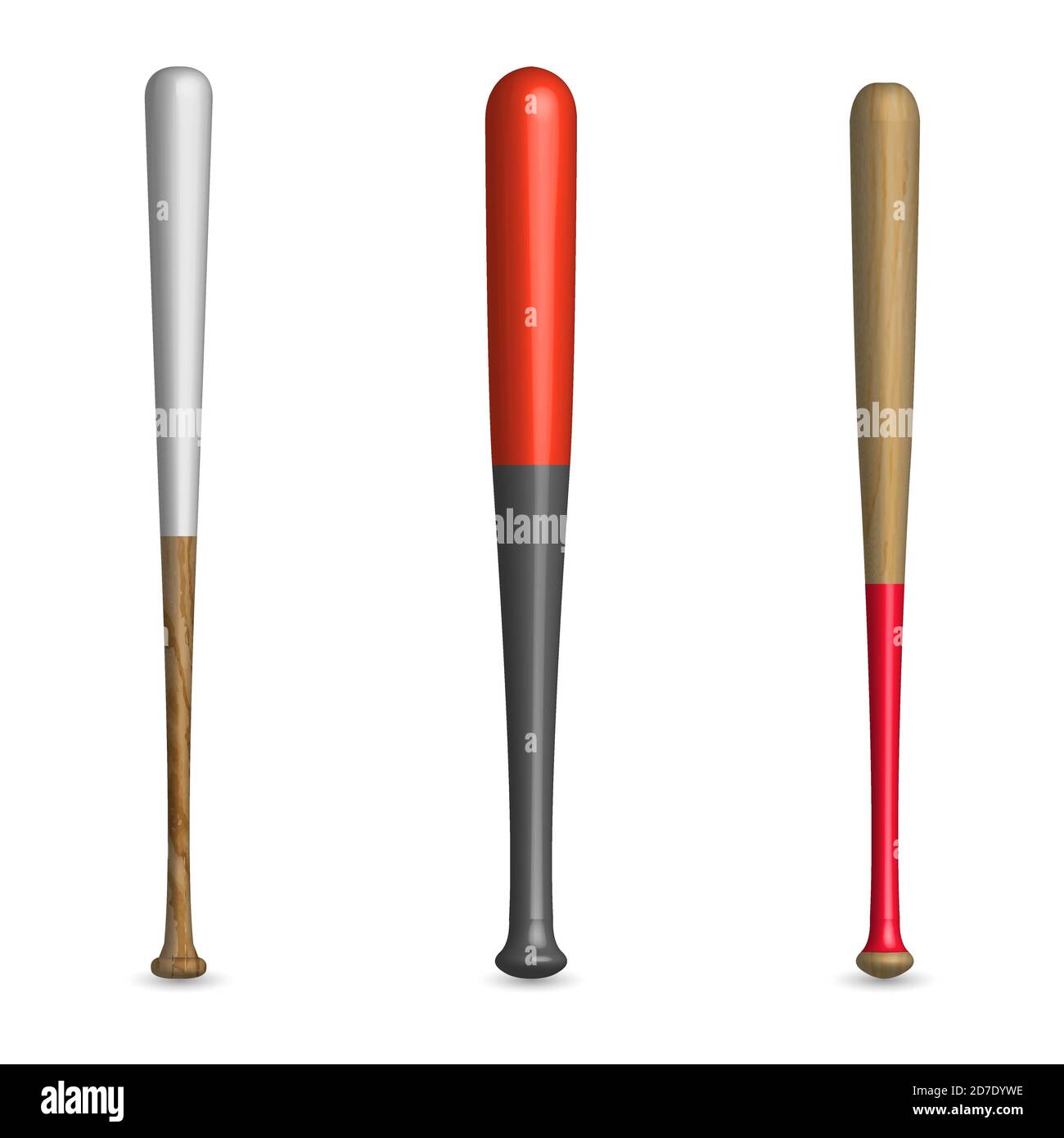 Set of various wooden and plastic baseball bats isolated on a white