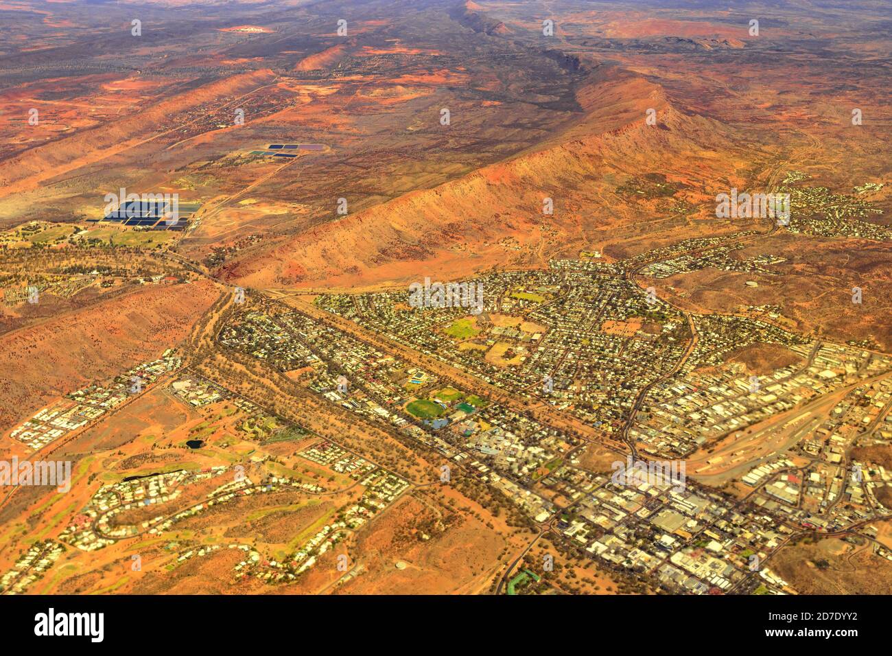 Aerial view of Alice Springs skyline in Australia. Scenic flight with