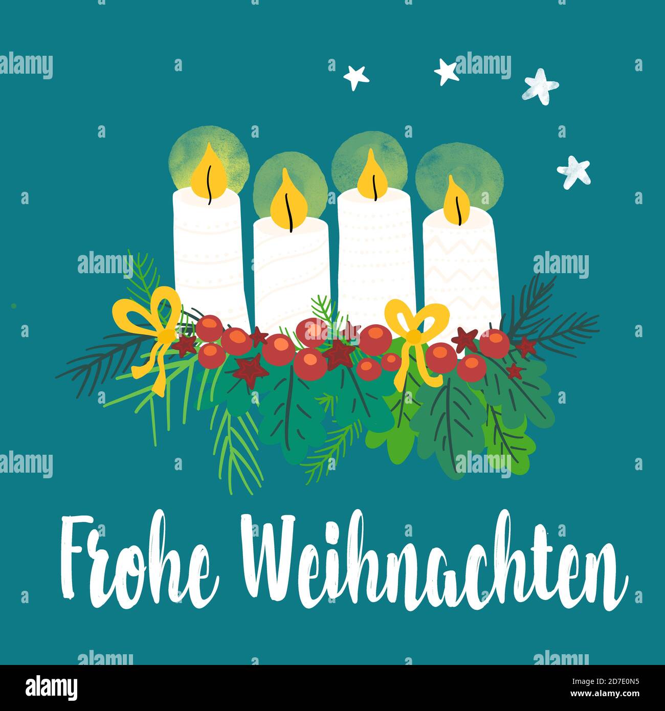 Merry Christmas circular Advent wreath with bows and berries and pine branches. German holiday tradition Stock Photo