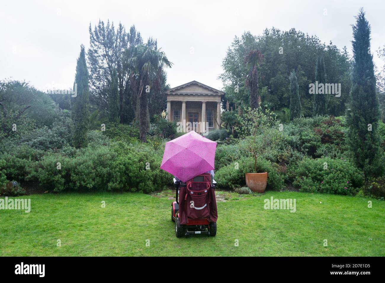 Closeup of a young woman with an umbrella on a mobility scooter