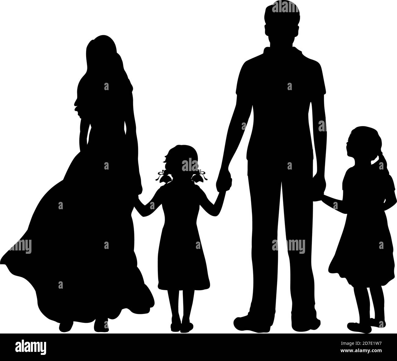 Silhouettes father mother and two daughters from back hold hands Stock Vector