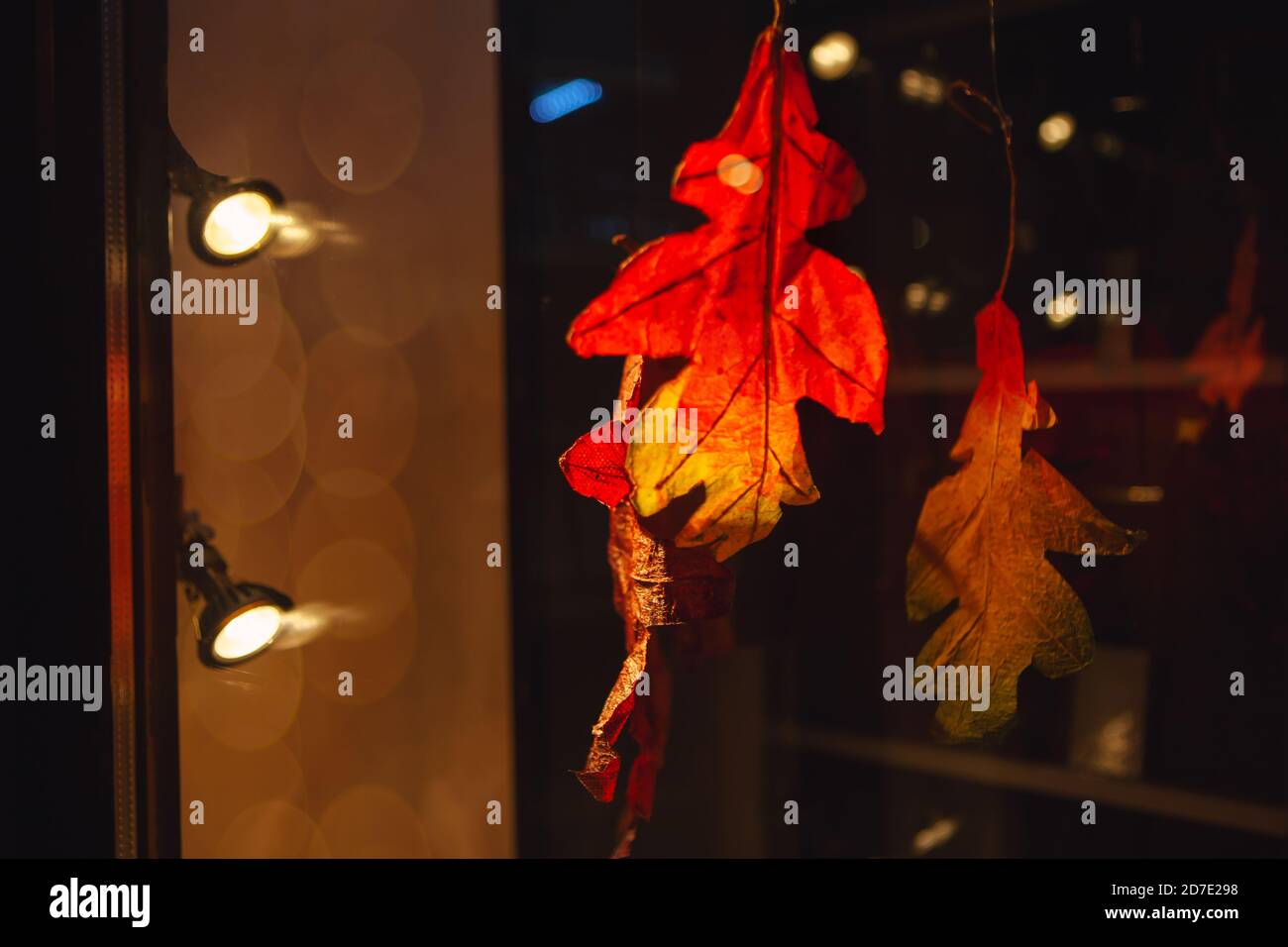 Artificial autumn leaves on the showcase Stock Photo