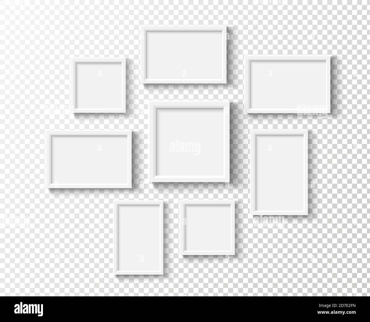 Photo frames on wall. White picture frame set. Vector empty realistic