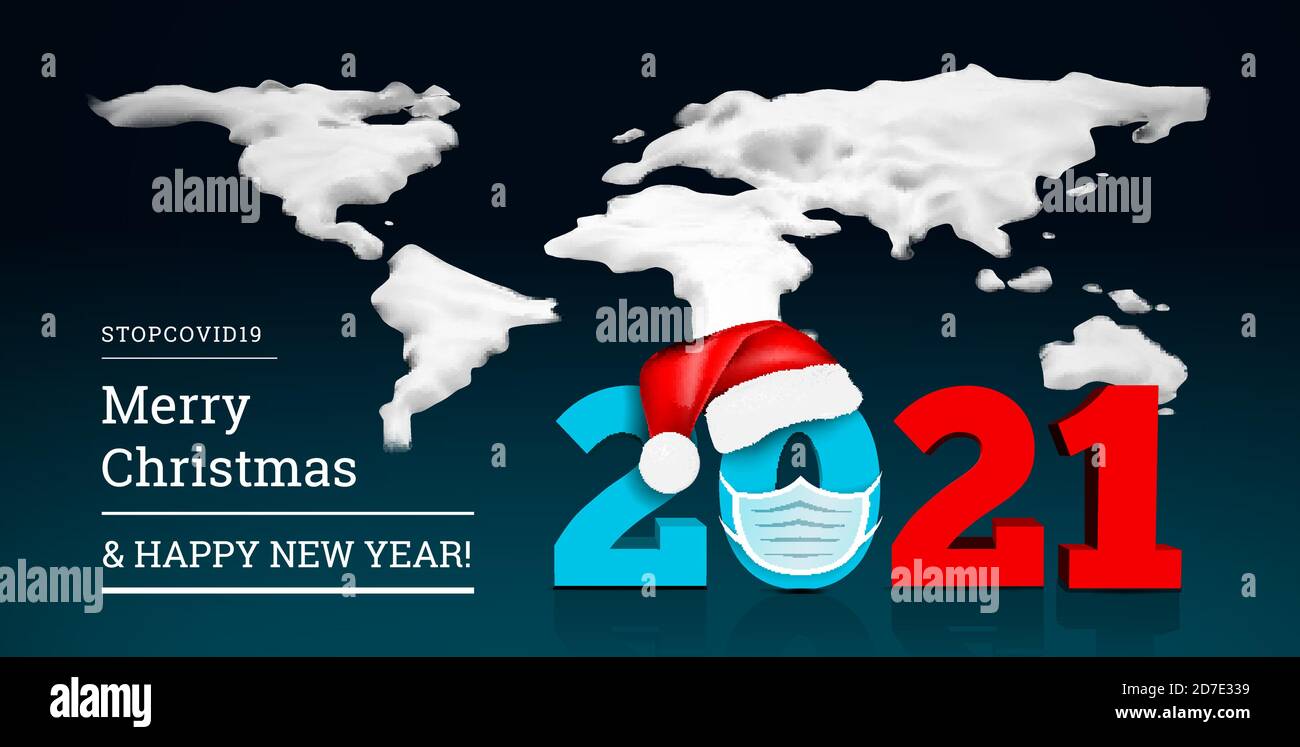 Happy New Year 2021 on the background of a snowy ice world map. Numbers 2021 under the hat of Santa Claus. Vector Stock Vector