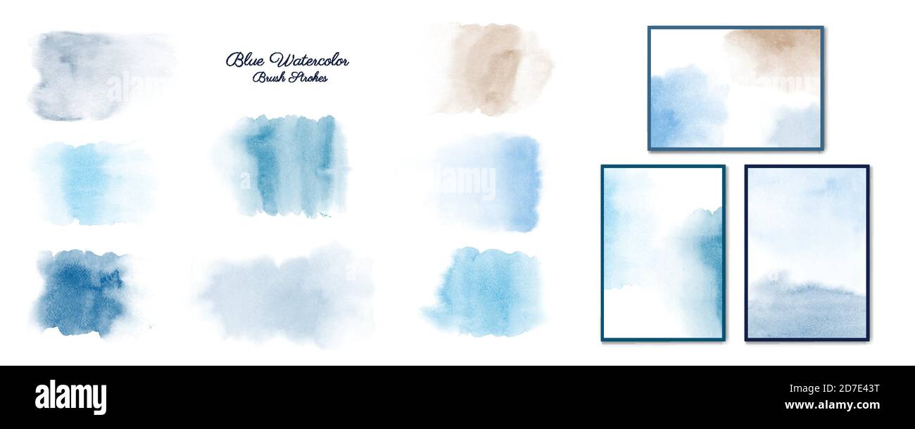 Creative minimalist Watercolors hand-painted blue collection set. Vector illustrations for wall decoration, invites, postcard, or cover design. Stock Vector