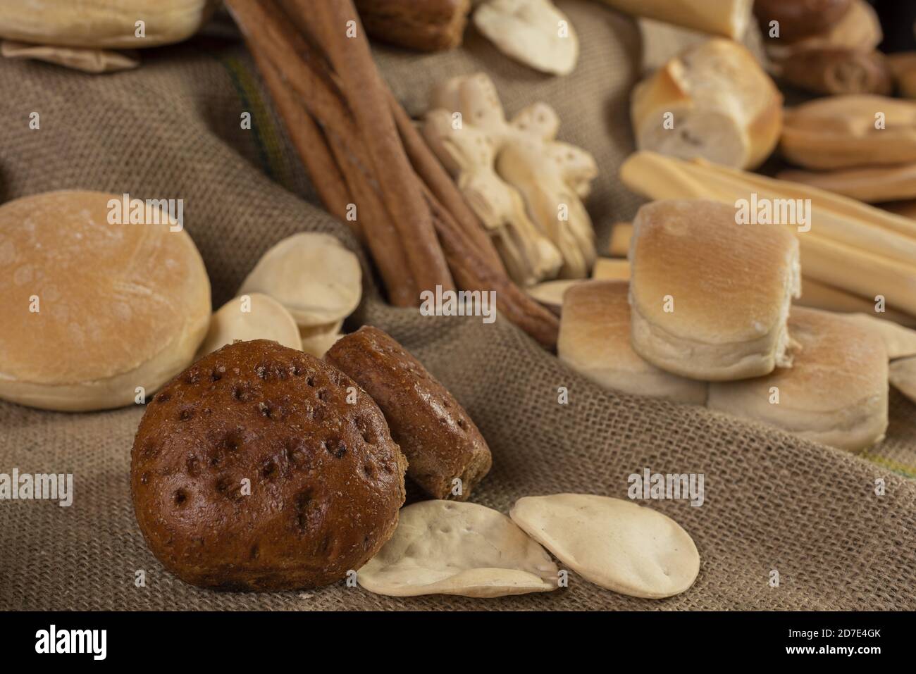 Closeup shot of bakery products on a sackcloth Stock Photo