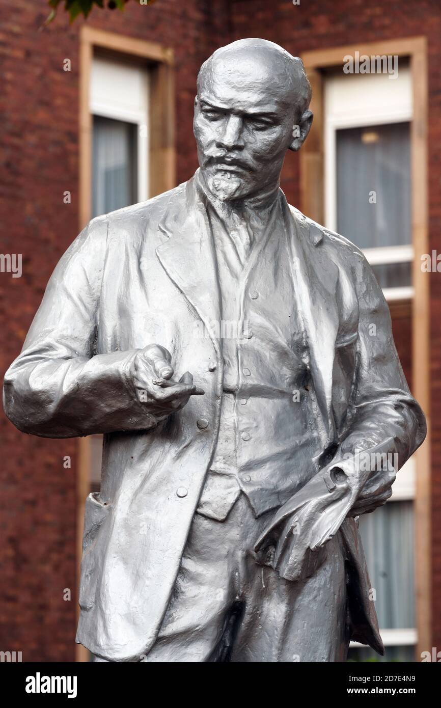 Gelsenkirchen, Germany, October 22nd, 2020: Statue of the Soviet revolutionary leader Vladimir Ilyich Lenin, which was erected on June 20th, 2020 in front of the party headquarters of the communist MLPD Marxist-Leninist Party of Germany. The steel statue is two meters high and was cast in the then communist Czechoslovakia in the 1950s. Stock Photo