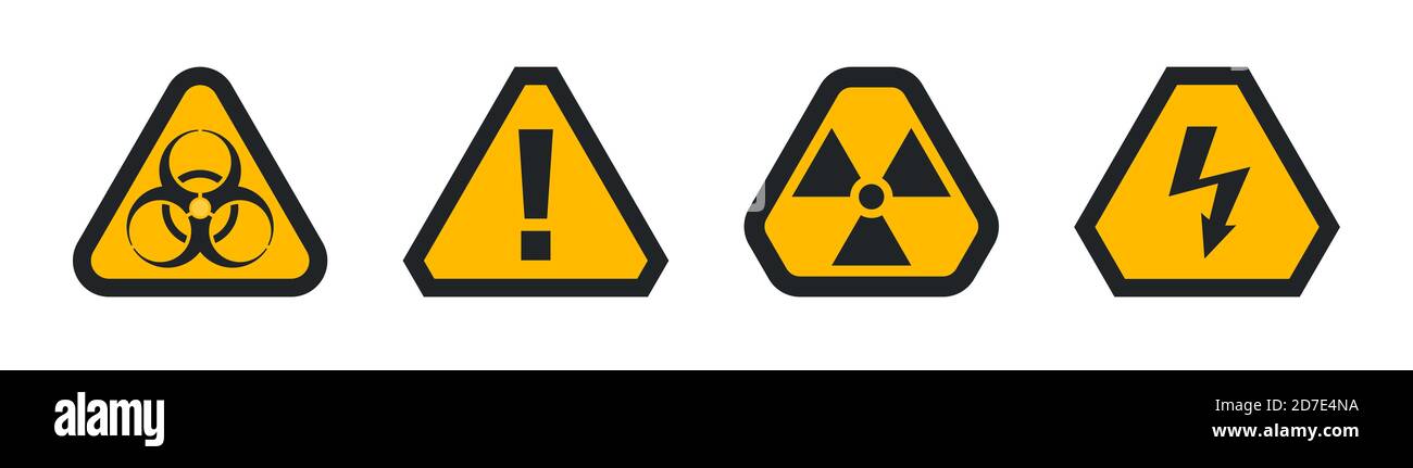 Set of hazard warning attention sign, biohazard radiation and high voltage Stock Vector