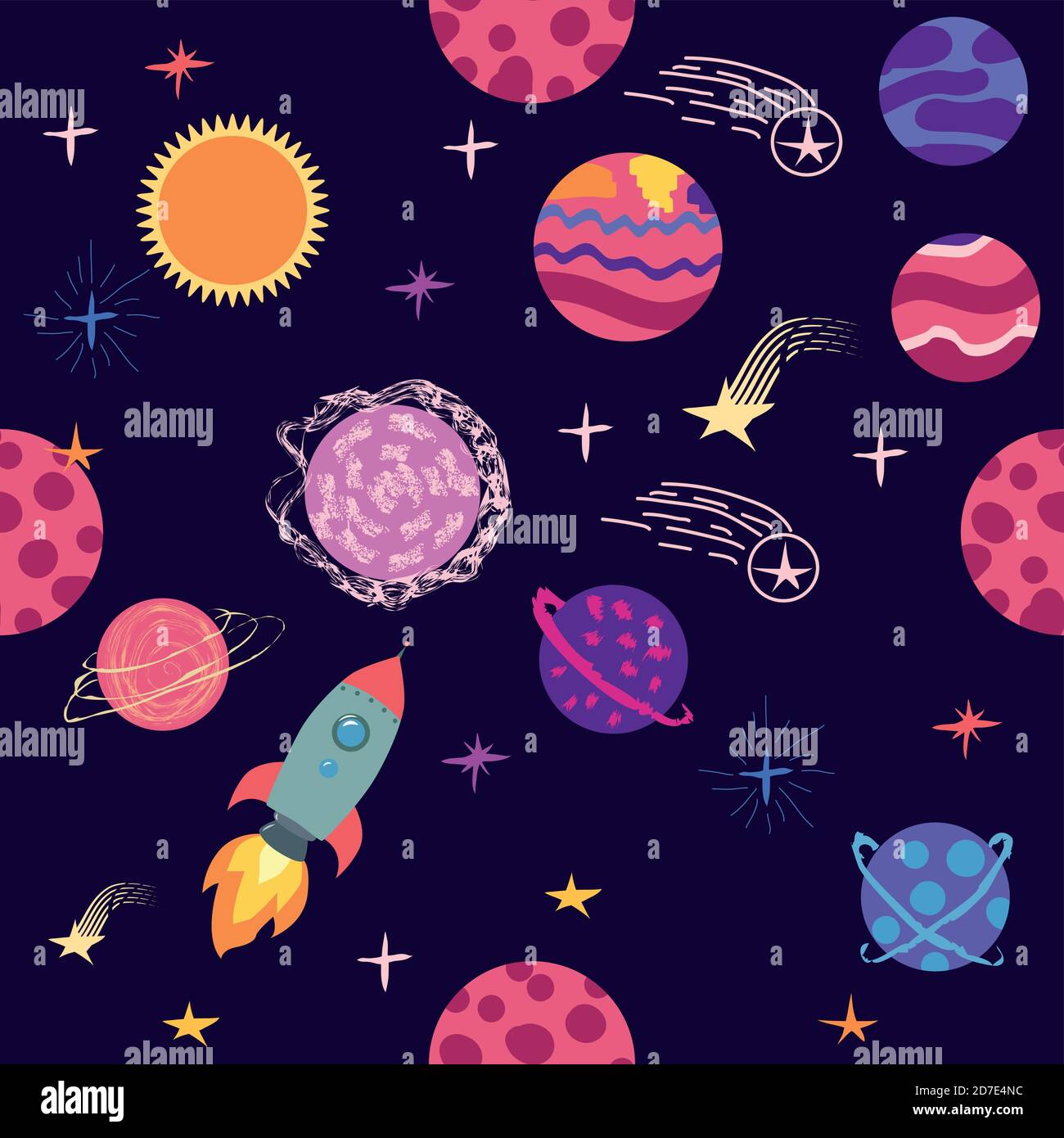 Seamless space pattern. Planets, rockets and stars. Cartoon spaceship ...