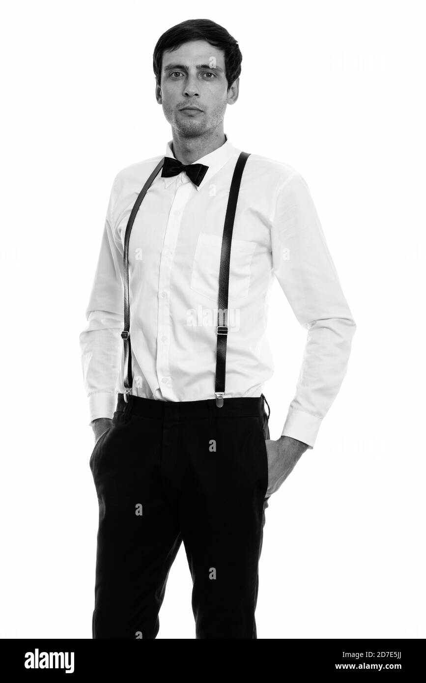 Man wearing suspenders Black and White Stock Photos & Images - Alamy