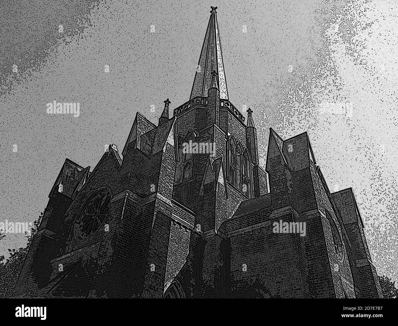 Abney Park Chapel (1840), Abney Park Cemetery - one of London's magnificent seven Victorian garden cemeteries Black and white digital illustration art Stock Photo