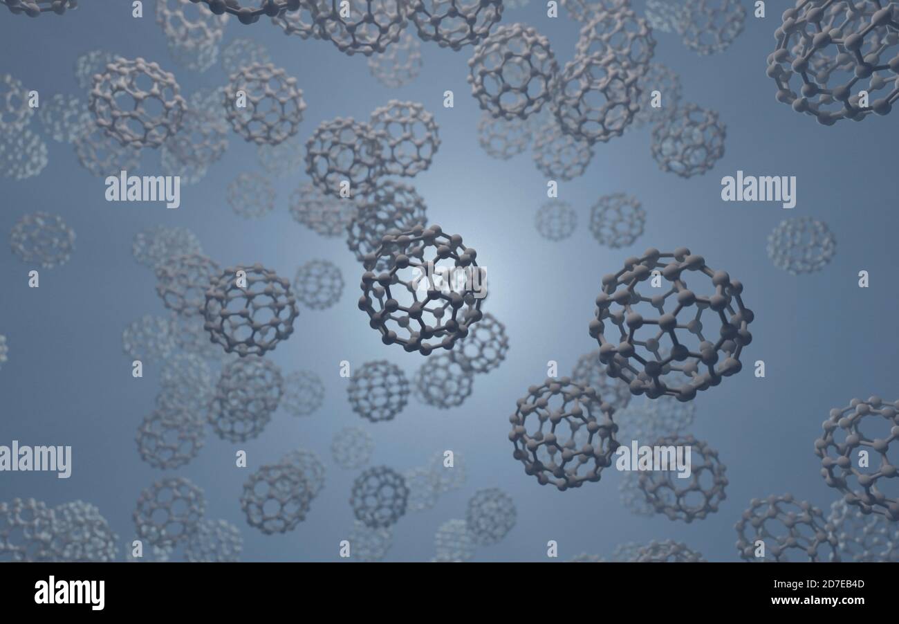 Buckyball is a type of fullerene with 60 carbon atoms. It has a cage-like structure that resembles a soccer ball, made of 20 hexagons and 12 pentagons Stock Photo