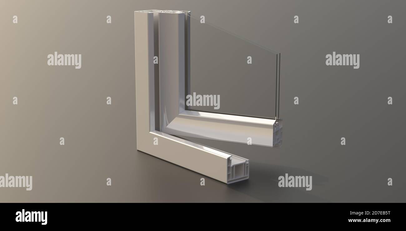 Aluminum profile frame double glazing isolated on gray color background.  PVC metal white color window and door detail cross section. 3D illustration  Stock Photo - Alamy