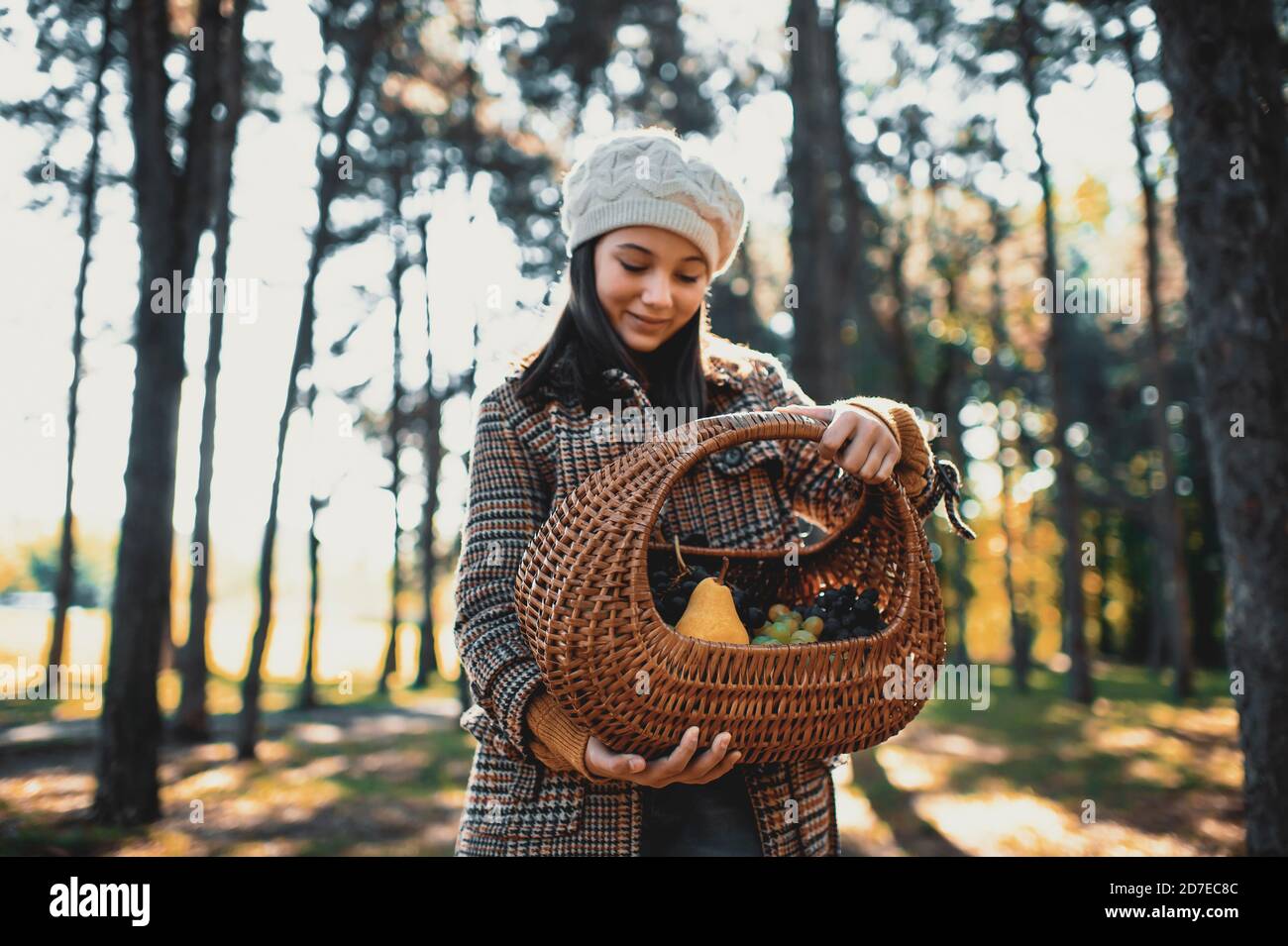 Teenage girl holding basket of fruit on a autumn day Stock Photo - Alamy