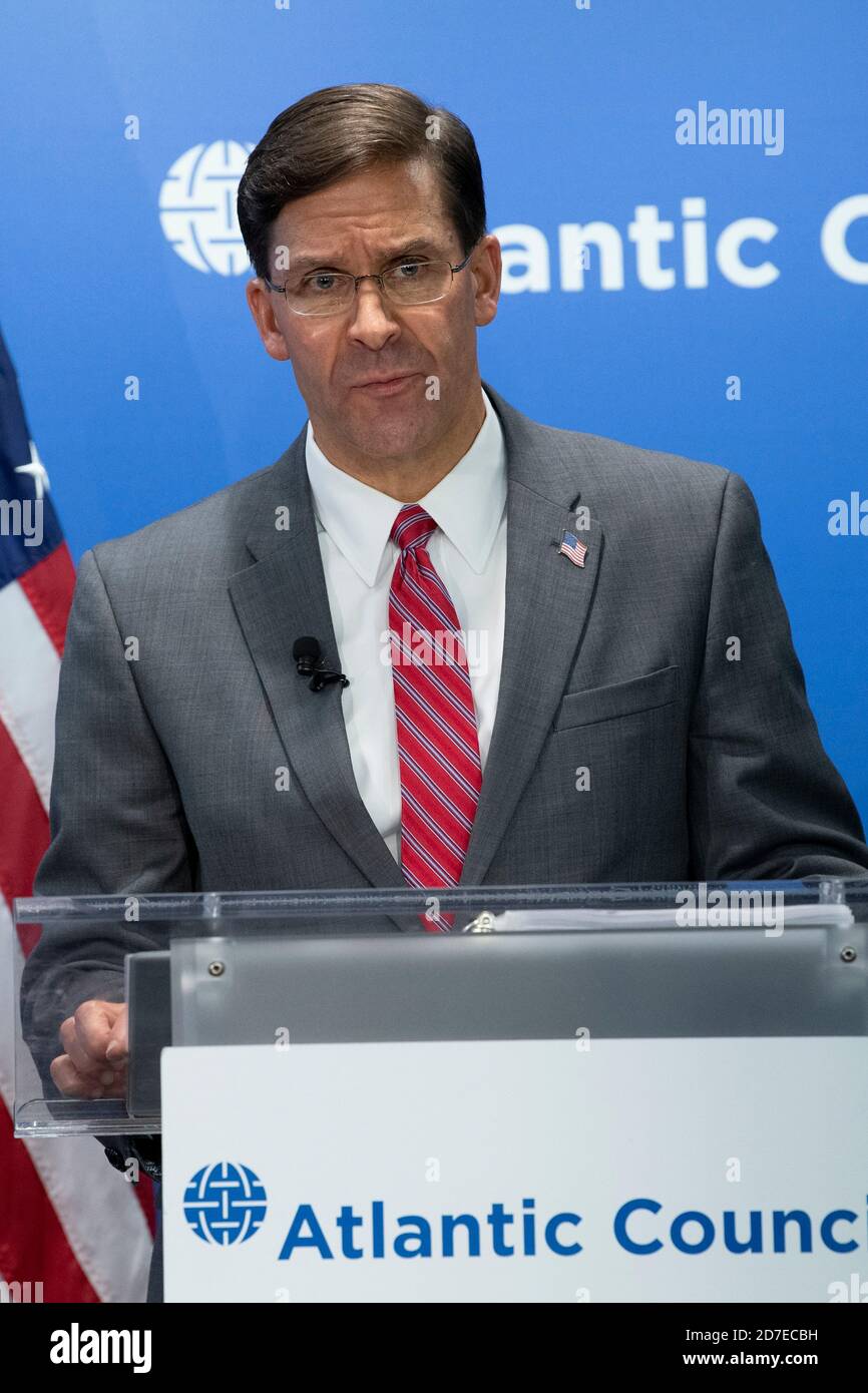 U.S. Secretary of Defense Mark Esper, speaks during the Atlantic Council Front Page October 20, 2020 in Washington D.C. Stock Photo
