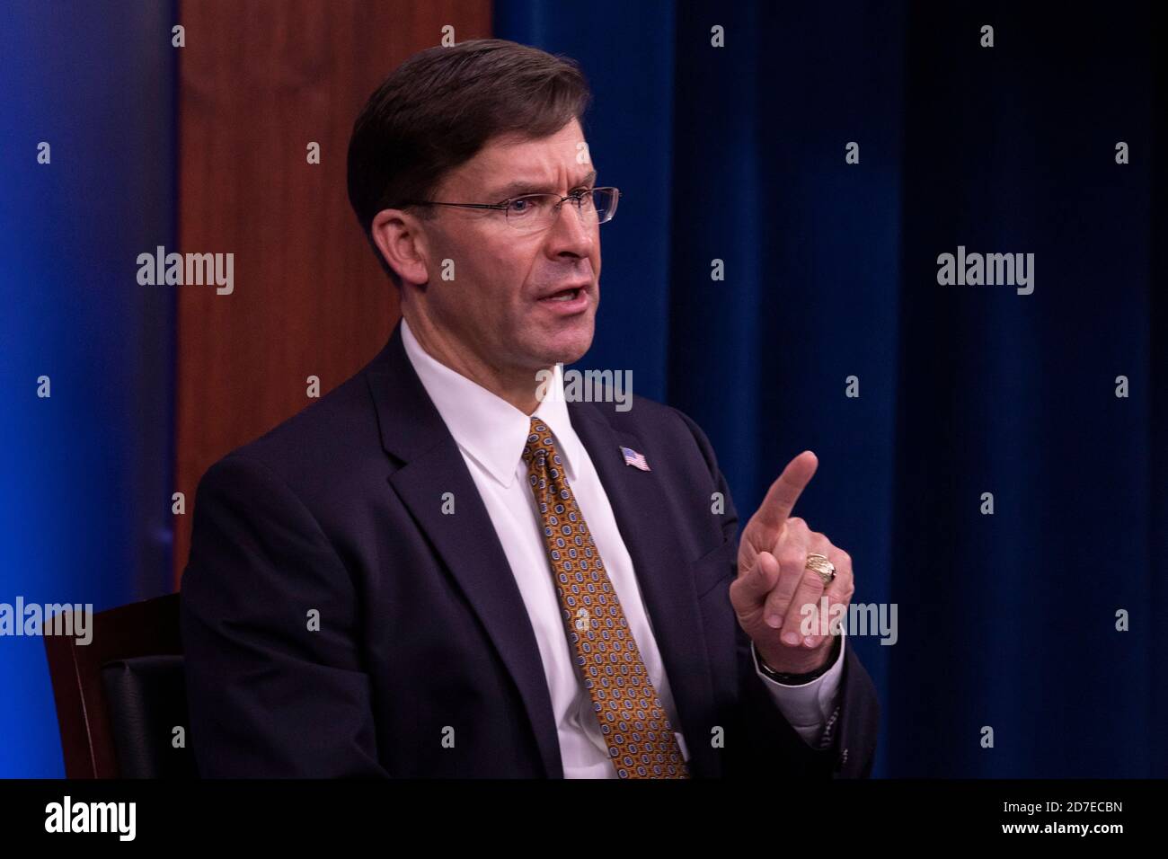 U.S. Secretary of Defense Mark Esper, speaks during a video conference with military industrial companies from the Pentagon October 20, 2020 in Washington D.C. Stock Photo