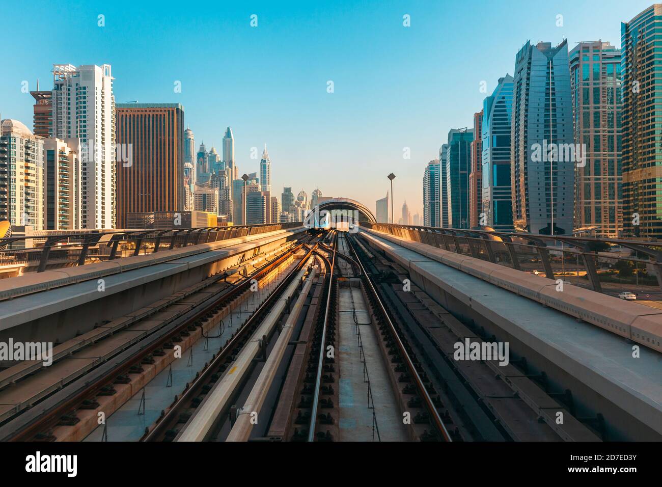 View of the Dubai downtown skyline from a metro station, Dubai, UAE Stock Photo