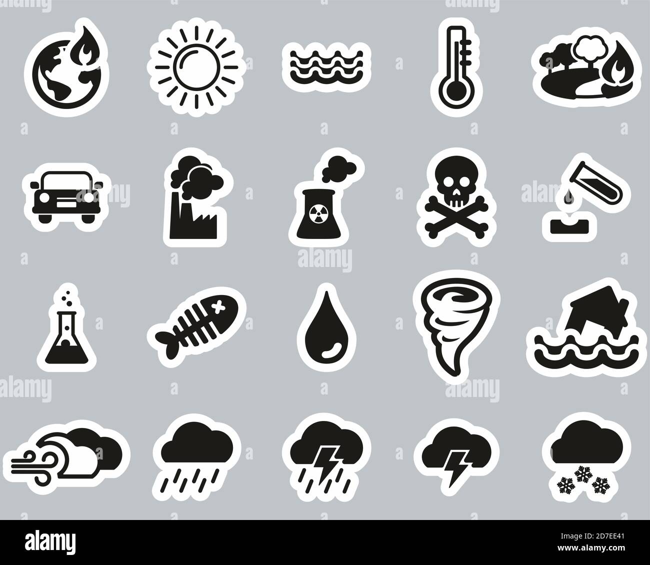 Global Warming Icons Black & White Sticker Set Big Stock Vector Image ...