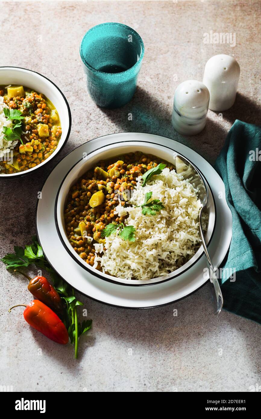 Dhal With Rice indian lentil dhal with vegetables and basmati rice on the table ...
