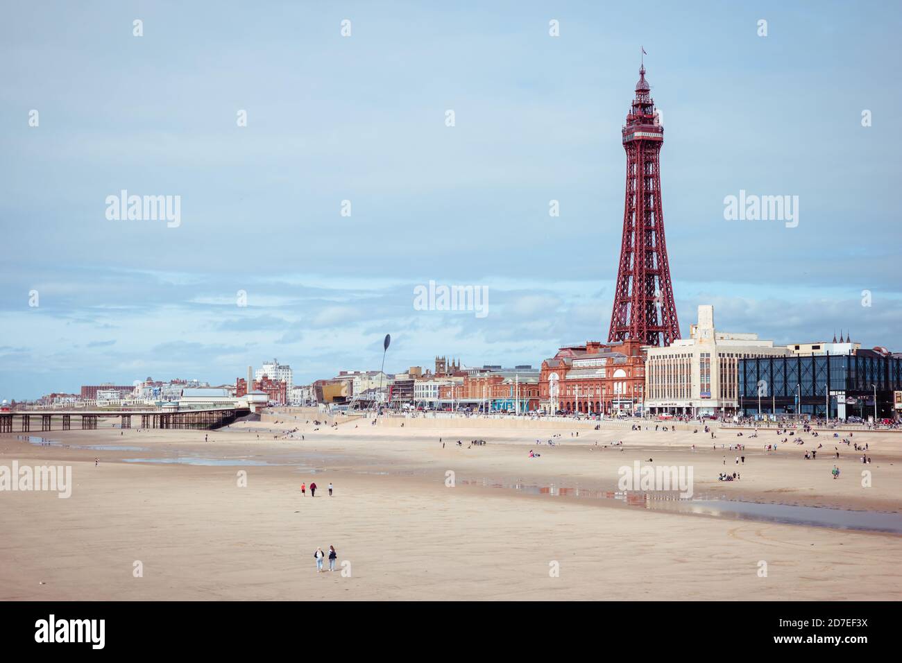 Blackpool beach, tower and landscape showing socially distant tourists Stock Photo
